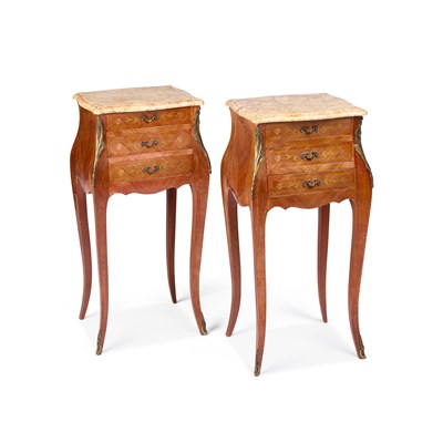 Lot 730 - A PAIR OF FRENCH MARBLE-TOPPED AND INLAID THREE-DRAWER CHESTS