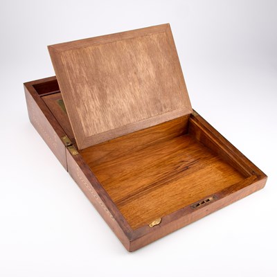Lot 1 - A 19TH CENTURY WALNUT AND TUNBRIDGE WARE WRITING SLOPE