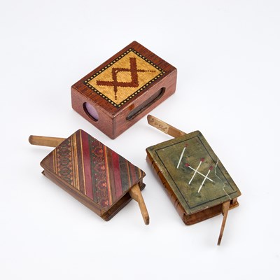 Lot 41 - TWO TUNBRIDGE WARE BOOK PATTERN VESTA CASES AND A MATCH BOX HOLDER