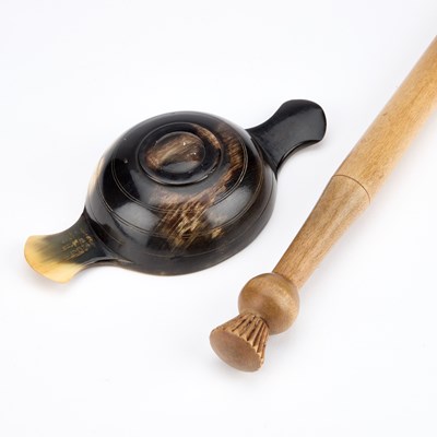Lot 67 - A SCOTTISH TREEN PORRIDGE STIRRER OR SPURTLE AND A HORN QUAICH