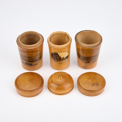 Lot 18 - THREE MAUCHLINE WARE GLASS HOLDERS