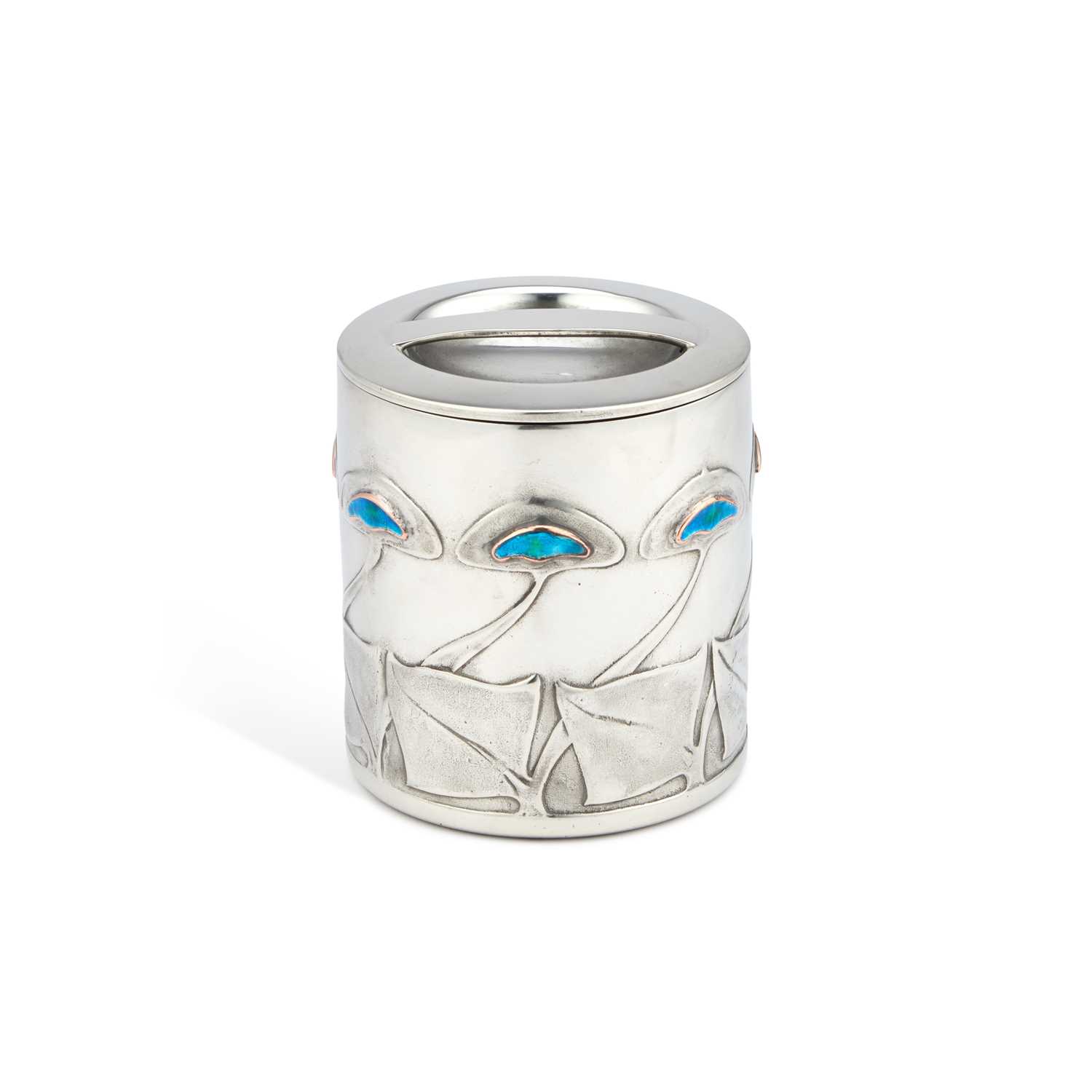 Lot 241 - ARCHIBALD KNOX (1864-1933) FOR LIBERTY & CO, A TUDRIC PEWTER AND ENAMEL BISCUIT BARREL