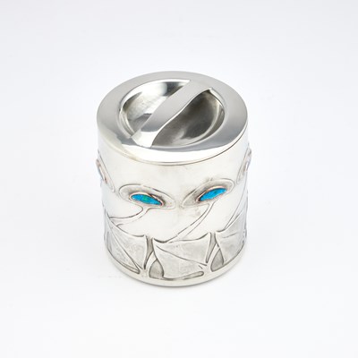 Lot 241 - ARCHIBALD KNOX (1864-1933) FOR LIBERTY & CO, A TUDRIC PEWTER AND ENAMEL BISCUIT BARREL