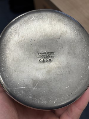 Lot 241 - ARCHIBALD KNOX (1864-1933) FOR LIBERTY & CO, A TUDRIC PEWTER AND ENAMEL BISCUIT BARREL