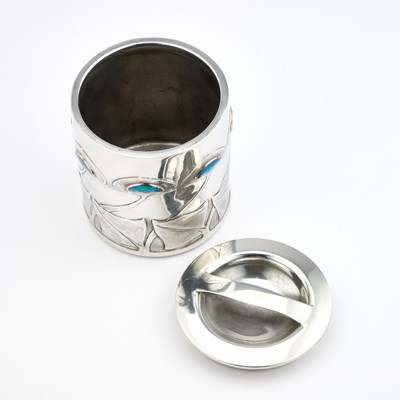 Lot 241 - ARCHIBALD KNOX (1864-1933) FOR LIBERTY & CO, A TUDRIC PEWTER AND ENAMEL BISCUIT BARREL