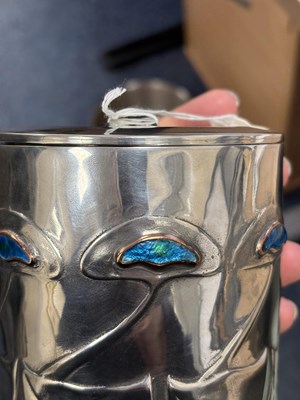 Lot 241 - ARCHIBALD KNOX (1864-1933) FOR LIBERTY & CO, A TUDRIC PEWTER AND ENAMEL BISCUIT BARREL