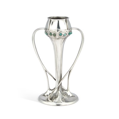 Lot 238 - ARCHIBALD KNOX (1864-1933) FOR LIBERTY & CO, A TUDRIC PEWTER AND FAUX TURQUOISE TULIP VASE