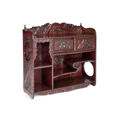 Lot 527 - A JAPANESE CARVED WALL-HANGING SHODANA (DISPLAY SHELVES), EARLY 20TH CENTURY