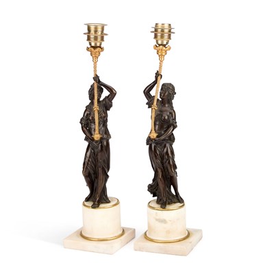 Lot 784 - A PAIR OF 19TH CENTURY FRENCH BRONZE AND MARBLE FIGURAL TABLE LAMPS