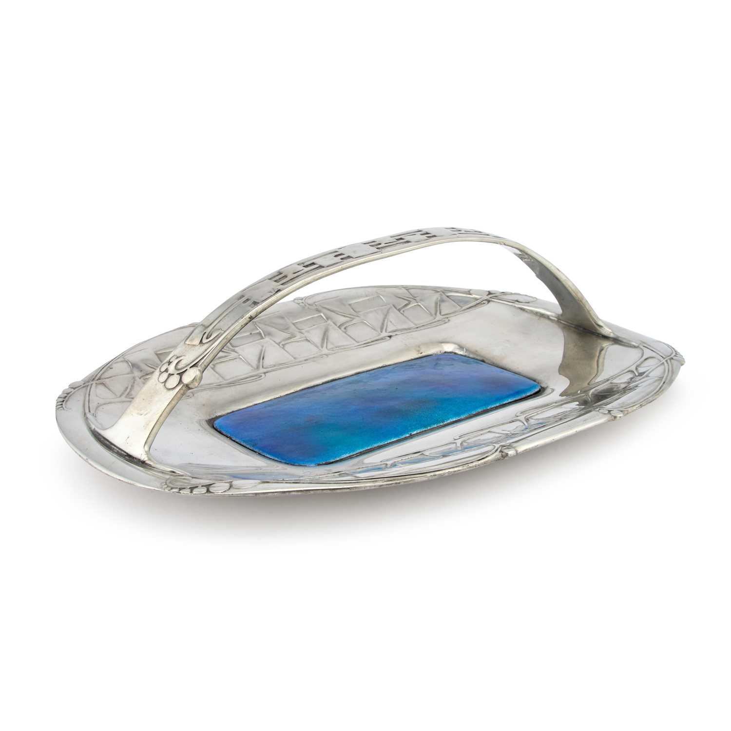 Lot 92 - ARCHIBALD KNOX (1864-1933) FOR LIBERTY & CO, A TUDRIC PEWTER AND ENAMEL CAKE BASKET