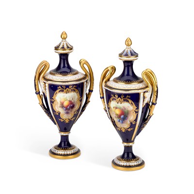 Lot 75 - A PAIR OF ROYAL WORCESTER FRUIT-PAINTED TWO-HANDLED VASES AND COVERS BY RICHARD SEBRIGHT