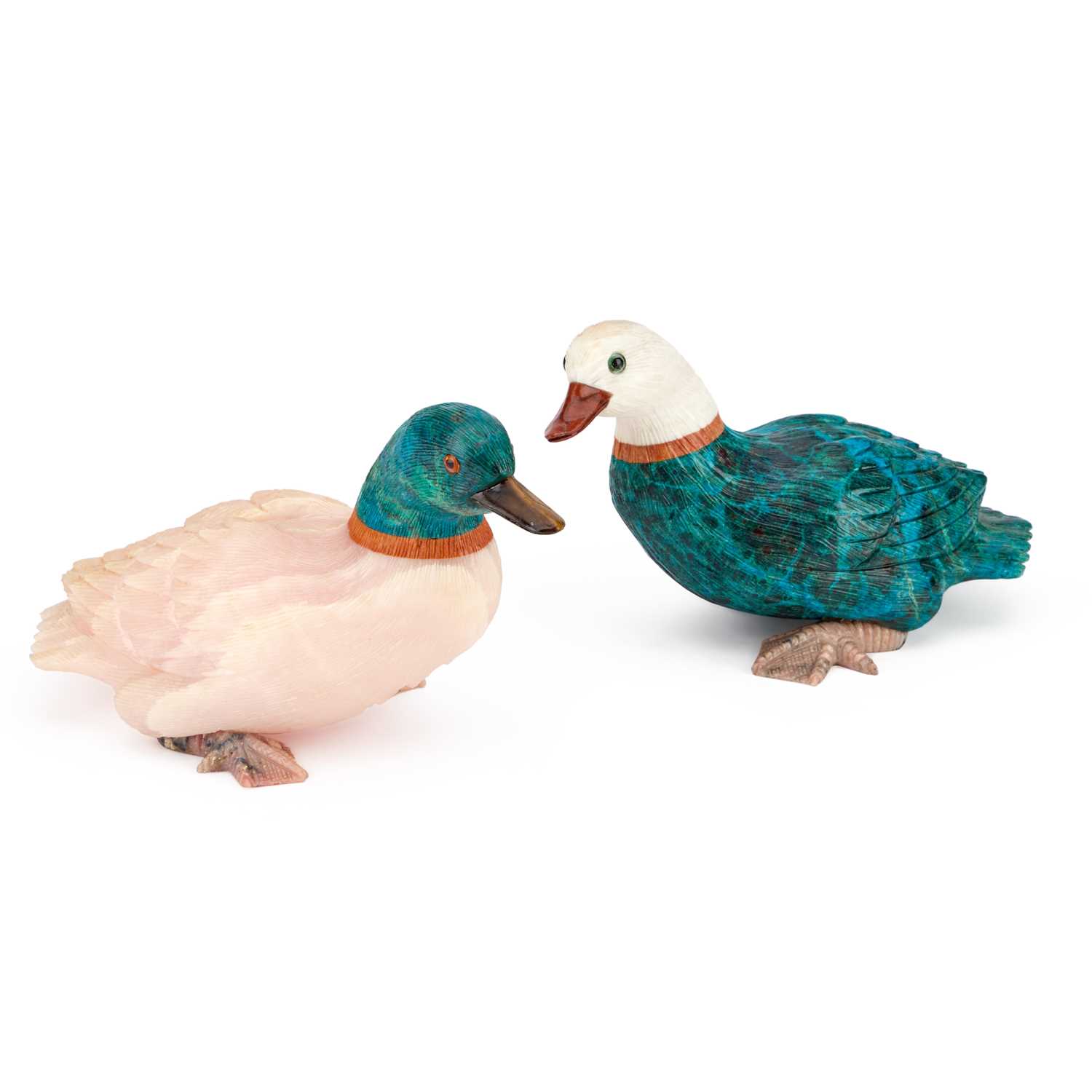 Lot 802 - TWO 20TH CENTURY CARVED HARDSTONE MODELS OF DUCKS