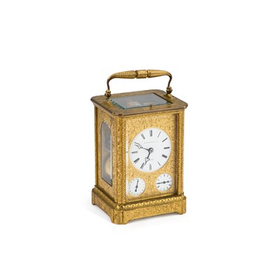 Lot 900 - A FINE 19TH CENTURY BRASS CASED REPEATING CARRIAGE CLOCK WITH ALARM AND CALENDAR DIAL