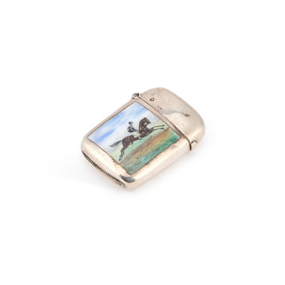 Lot 427 - A VICTORIAN SILVER AND ENAMEL VESTA CASE