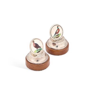 Lot 404 - A PAIR OF GEORGE V SILVER AND ENAMEL MENU HOLDERS