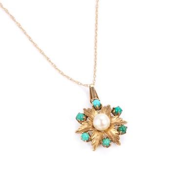Lot 649 - A 9 CARAT GOLD CULTURED PEARL AND TURQUOISE PENDANT ON CHAIN