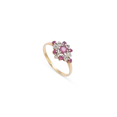 Lot 679 - A 9 CARAT GOLD RUBY AND DIAMOND CLUSTER RING
