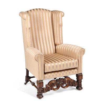 Lot 903 - A WILLIAM & MARY STYLE WALNUT WING-BACK ARMCHAIR