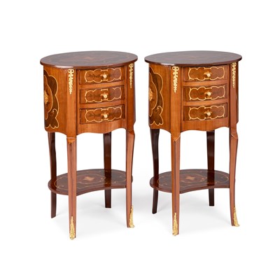 Lot 315 - A PAIR OF LOUIS XV STYLE GILT-METAL MOUNTED INLAID BEDSIDE TABLES