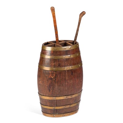 Lot 973 - A LATE VICTORIAN BRASS-BOUND COOPERED OAK BARREL-FORM STICKSTAND