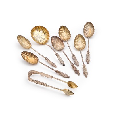 Lot 444 - A SET OF SIX VICTORIAN SILVER APOSTLE SPOONS, A SIFTING LADLE AND SUGAR TONGS