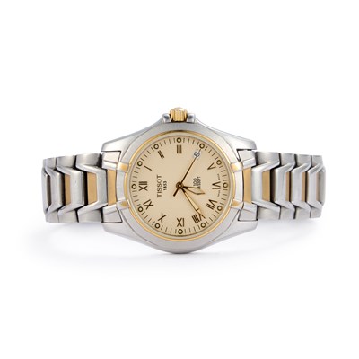 Lot 567 - A GENTS BI-COLOUR TISSOT PR100 BRACELET WATCH