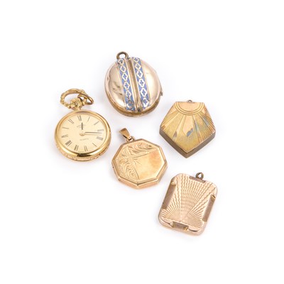 Lot 711 - FOUR BACK AND FRONT LOCKETS AND A FOB WATCH
