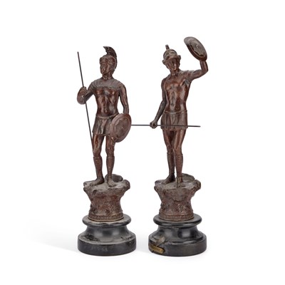 Lot 778 - A PAIR OF 19TH CENTURY FRENCH SCHOOL SPELTER FIGURES OF GREEK WARRIORS