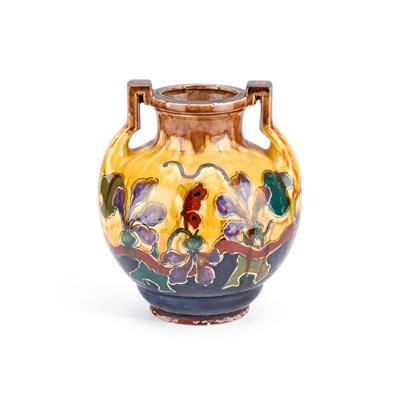 Lot 83 - AN OLD MORAVIAN POTTERY TWO-HANDLED VASE