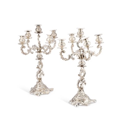 Lot 132 - A LARGE PAIR OF 19TH CENTURY GERMAN SILVER FIVE-LIGHT CANDELABRA