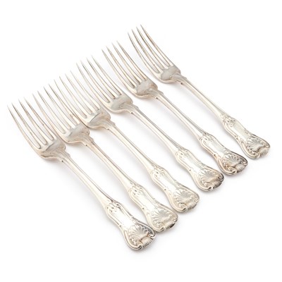 Lot 489 - A SET OF SIX GEORGE III SILVER TABLE FORKS