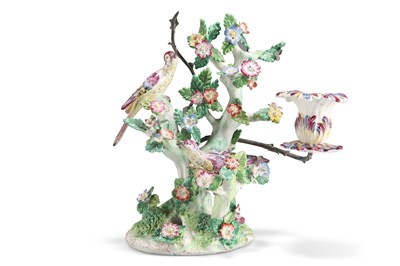 Lot 74 - A PAIR OF BOW PORCELAIN BIRDS IN BRANCHES CANDLESTICK GROUPS, CIRCA 1762