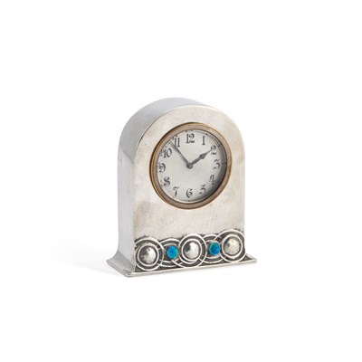 Lot 65 - A LIBERTY & CO TUDRIC PEWTER AND ENAMEL MANTEL CLOCK