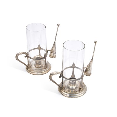 Lot 71 - A PAIR OF SILVER-PLATE MOUNTED GLASS STORM LAMPS