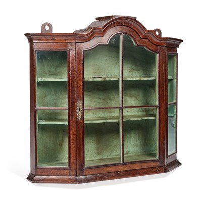 Lot 408 - AN OAK WALL-HANGING DISPLAY CABINET