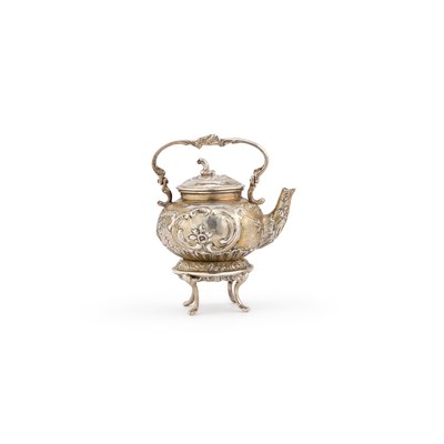 Lot 277 - A CONTINENTAL SILVER MINIATURE KETTLE ON STAND