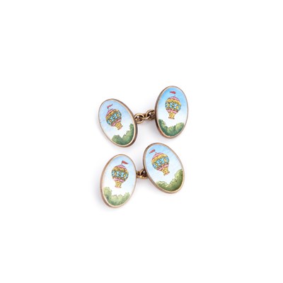 Lot 924 - A PAIR OF SILVER AND ENAMEL NOVELTY HOT AIR BALLOON DOUBLE OVAL CUFFLINKS