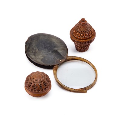 Lot 472 - TWO 19TH CENTURY COQUILLA NUT BOXES AND A HORN-MOUNTED MAGNIFYING GLASS