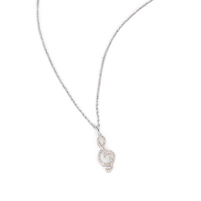 Lot 906 - A 9 CARAT WHITE GOLD DIAMOND TREBLE CLEF PENDANT ON CHAIN