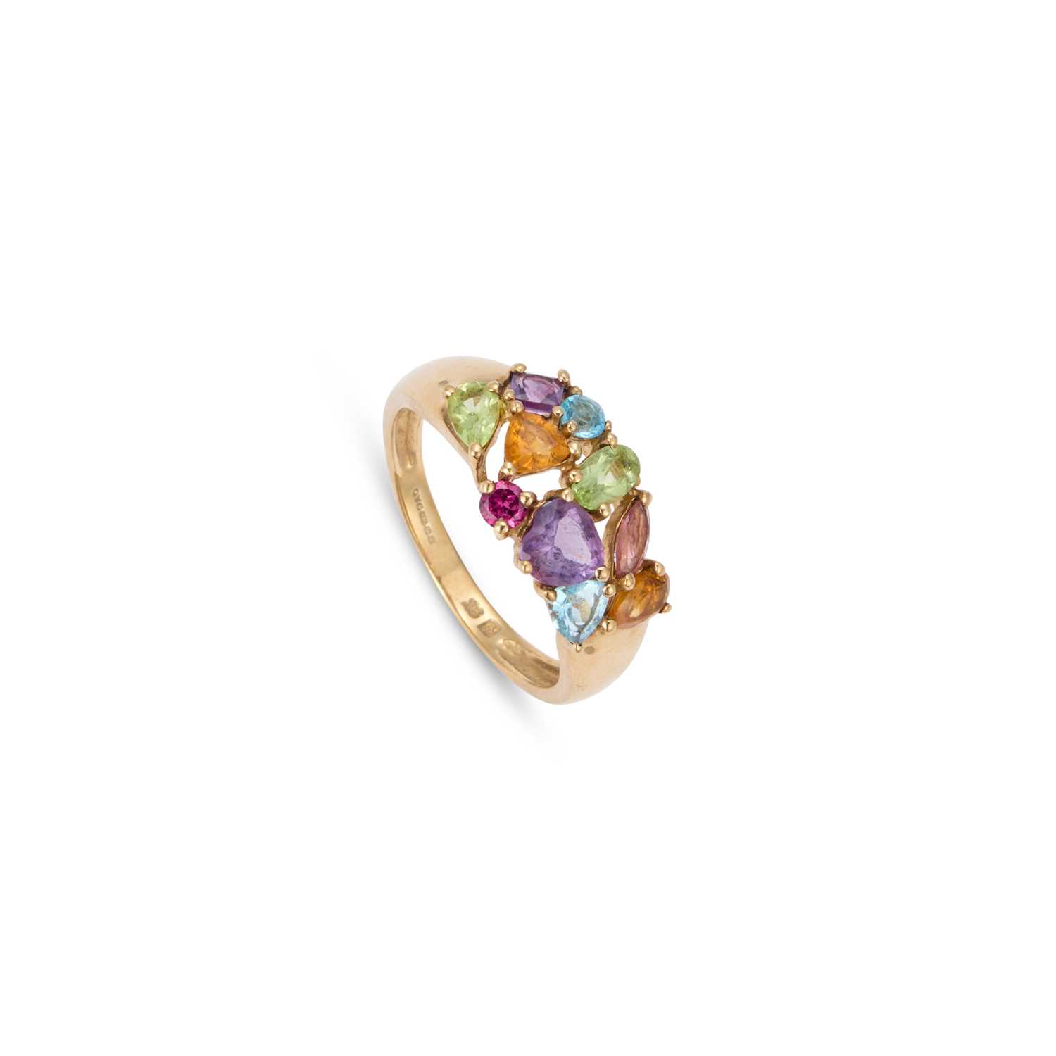 Lot 914 - A 9 CARAT GOLD MULTI-GEM CLUSTER RING