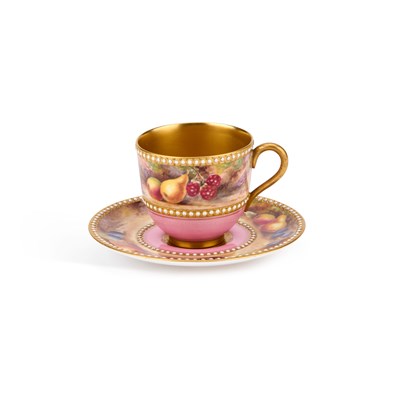 Lot 131 - A ROYAL WORCESTER FRUIT PAINTED CUP AND SAUCER