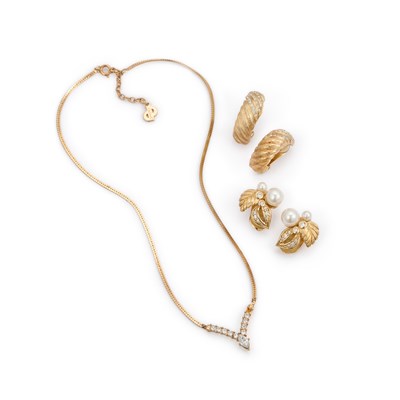 Lot 832 - CHRISTIAN DIOR , TWO PAIRS OF GOLD TONE PASTE-SET CLIP EARRINGS AND A PENDANT NECKLACE