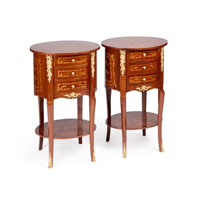 Lot 828 - A PAIR OF FRENCH FLORAL MARQUETRY BEDSIDE TABLES