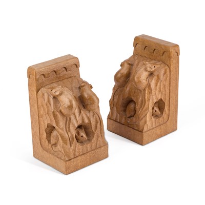 Lot 486 - ROBERT THOMPSON OF KILBURN, A PAIR OF MOUSEMAN OAK TRIPLE MICE BOOKENDS