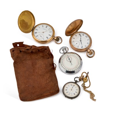 Lot 804 - TWO GOLD PLATED HUNTER POCKET WATCHES, A SILVER FOB WATCH AND A SMITHS STOPWATCH