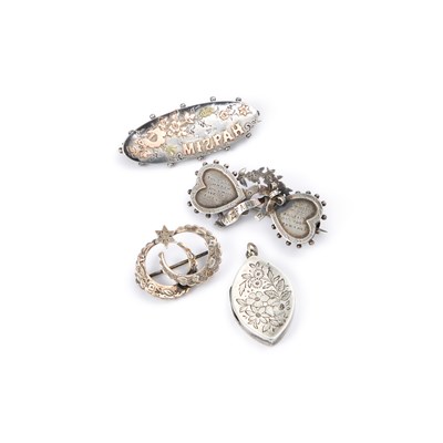 Lot 995 - THREE LATE VICTORIAN SILVER SWEETHEART BROOCHES AND A LOCKET PENDANT
