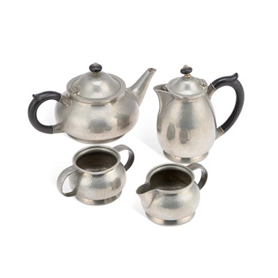 Lot 279 - ARCHIBALD KNOX (1864-1933) FOR LIBERTY & CO, A TUDRIC PEWTER FOUR PIECE TEA SERVICE