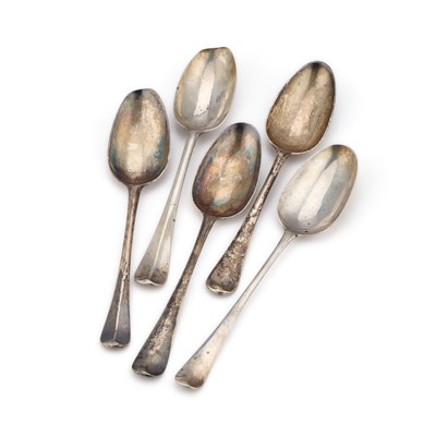Lot 778 - A GROUP OF FIVE 18TH CENTURY SILVER TABLESPOONS