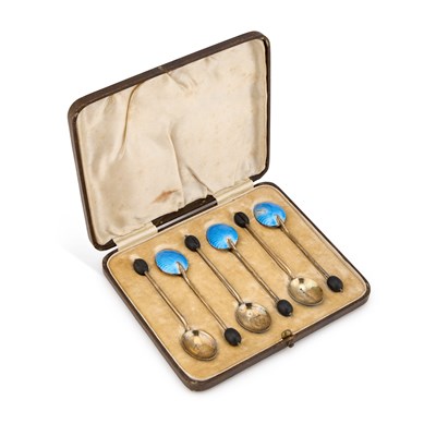 Lot 622 - A SET OF SIX GEORGE V SILVER AND ENAMEL COFFEE SPOONS