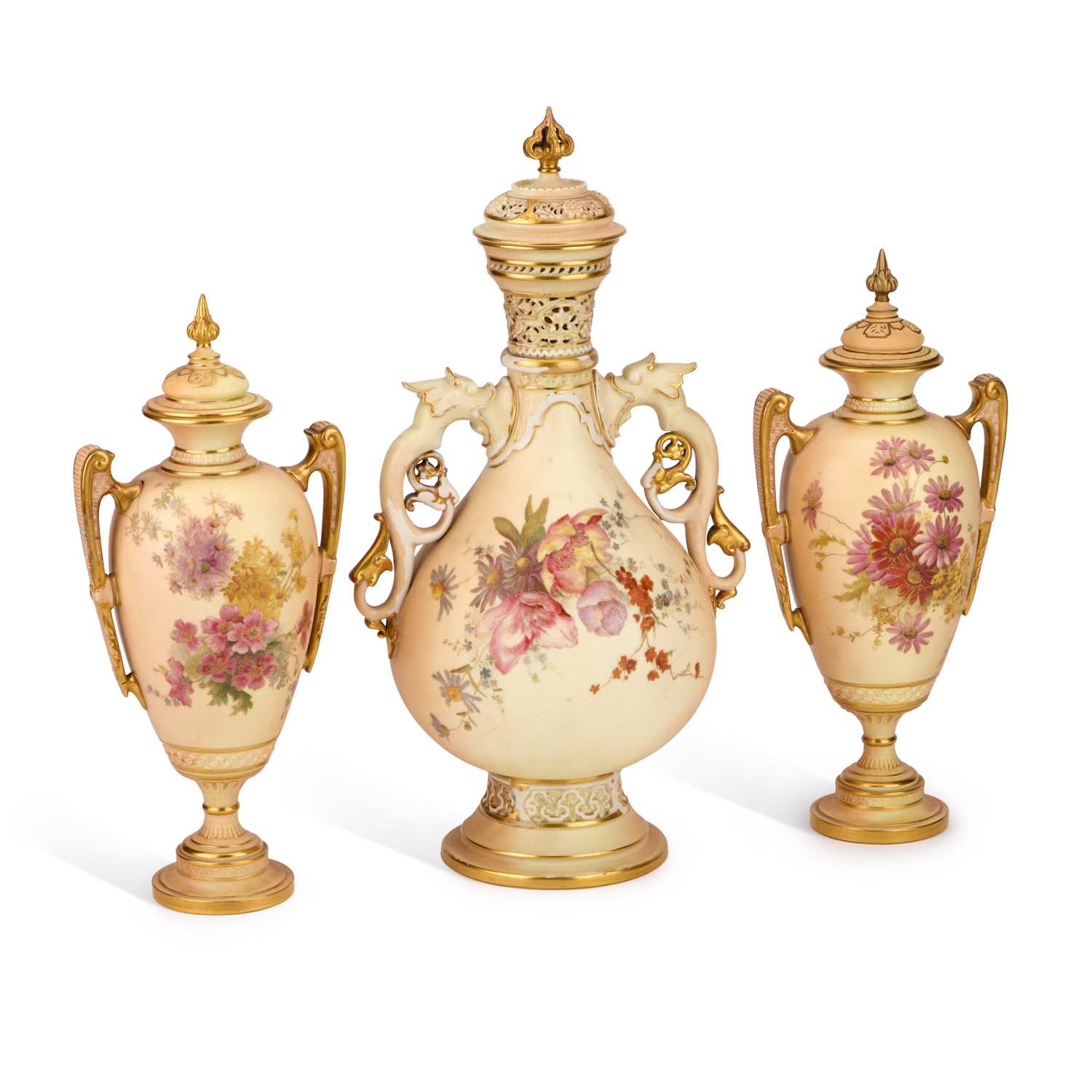 Lot 127 - A GROUP OF THREE ROYAL WORCESTER BLUSH IVORY VASES AND COVERS